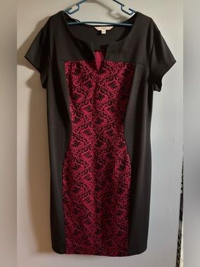 Aa Studio Aa Black & Wine Patterned Midi Sheath Dress